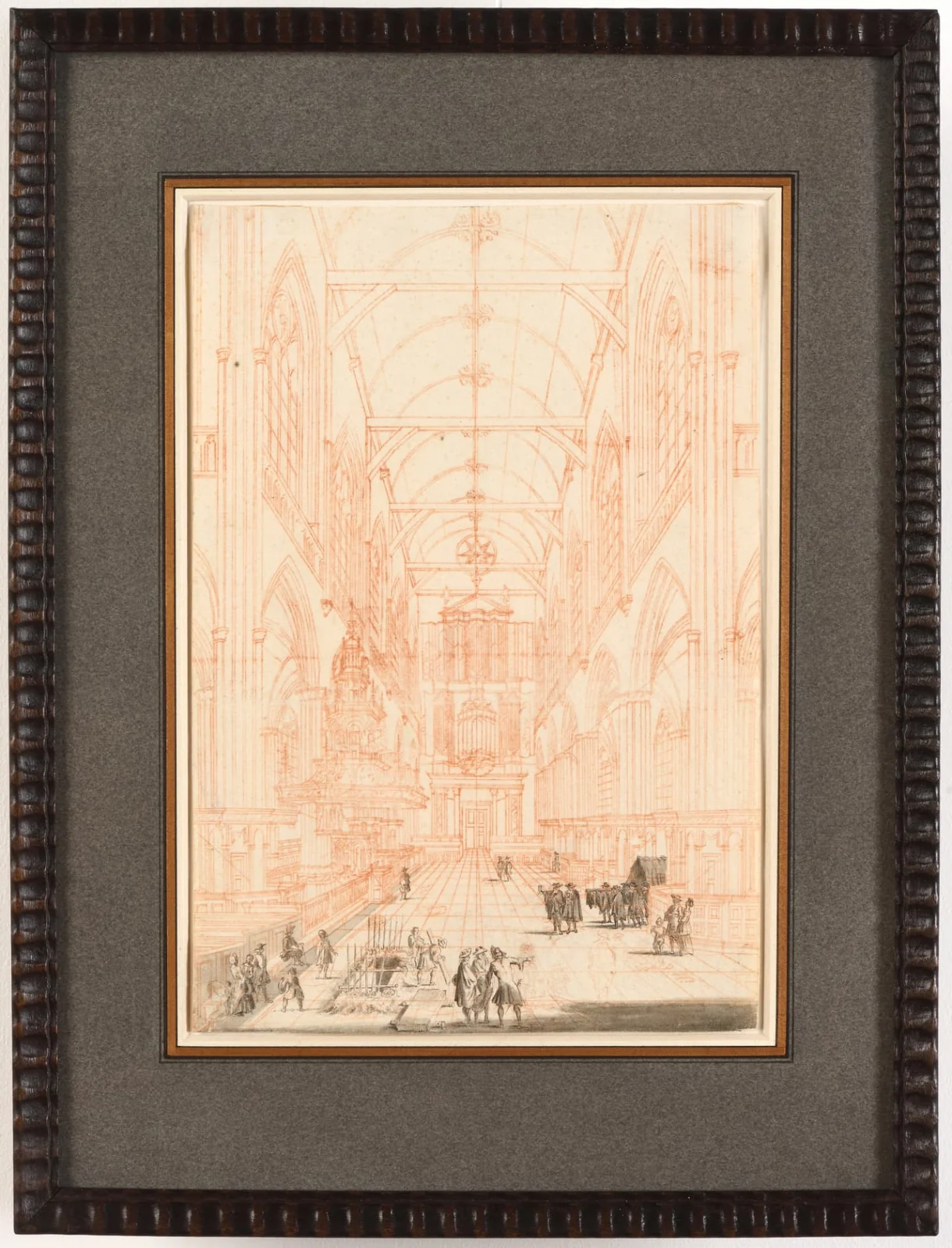 Framed architectural interior study in red chalk