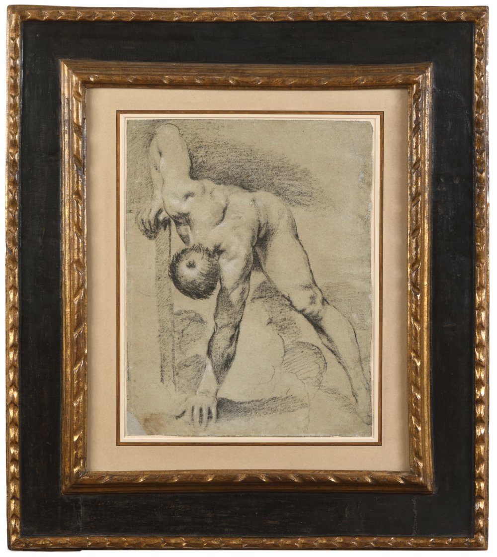 Guercino, Leaning Nude Man (recto), black chalk drawing on paper, framed