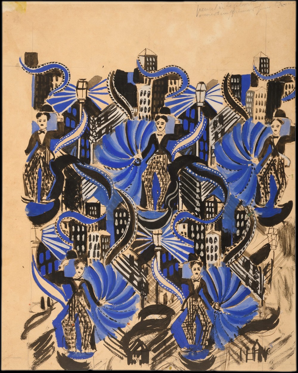 Raoul Dufy, Charlot, 1920, drawing with repeated figures of Charlie Chaplin, blue fans and city buildings