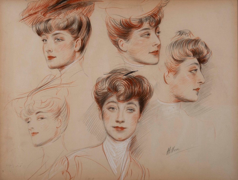 Paul-César Helleu, five studies of the face of Jeanne Tachard, drawing in black, red and white chalk