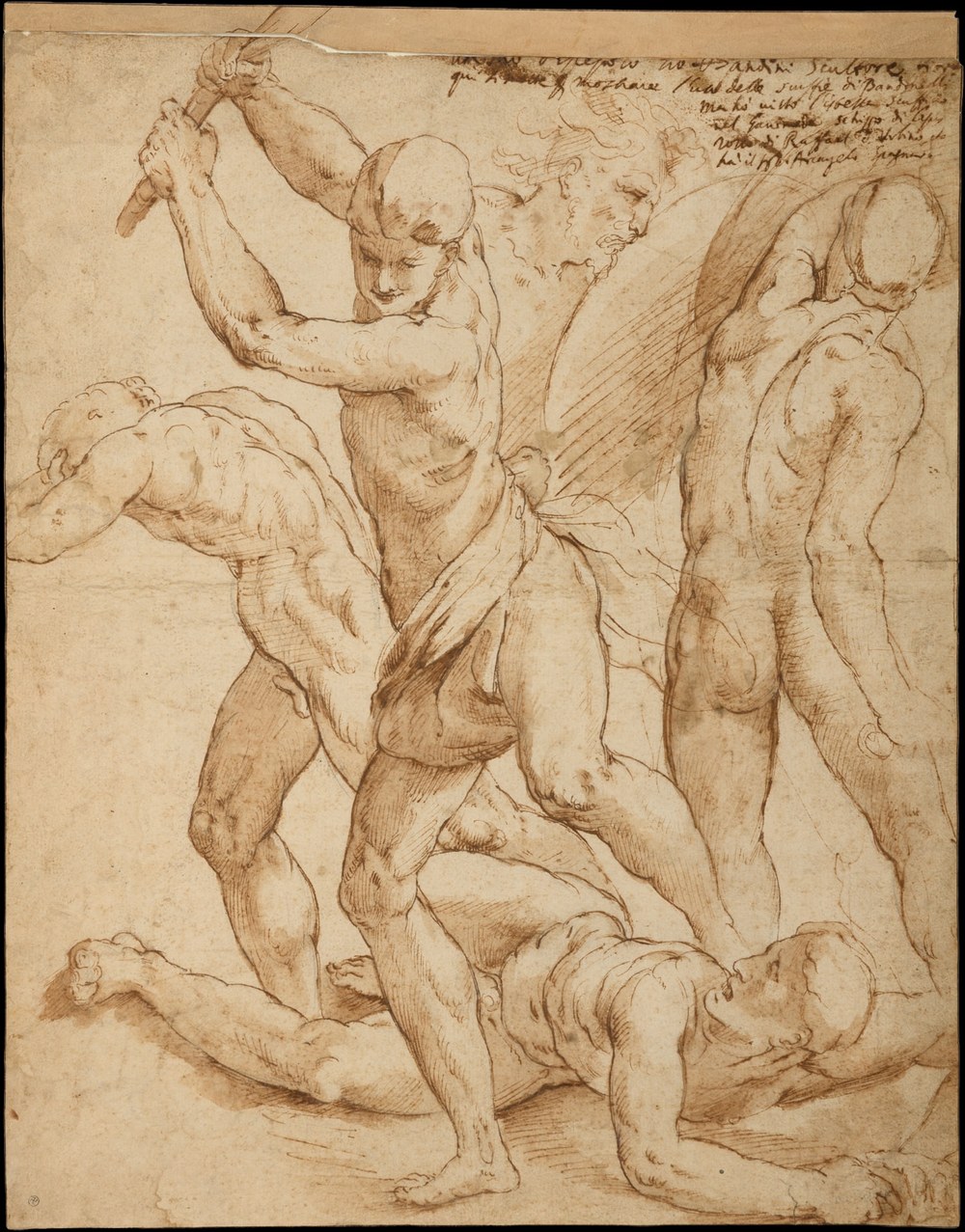 Attributed to Jacopo Zanguidi, called Bertoja, Combat of Five Figures after Raphael, pen and ink drawing