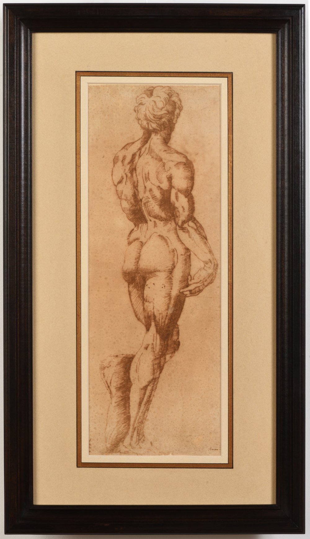 Attributed to Vincenzo de' Rossi, red chalk study of a male nude seen from behind