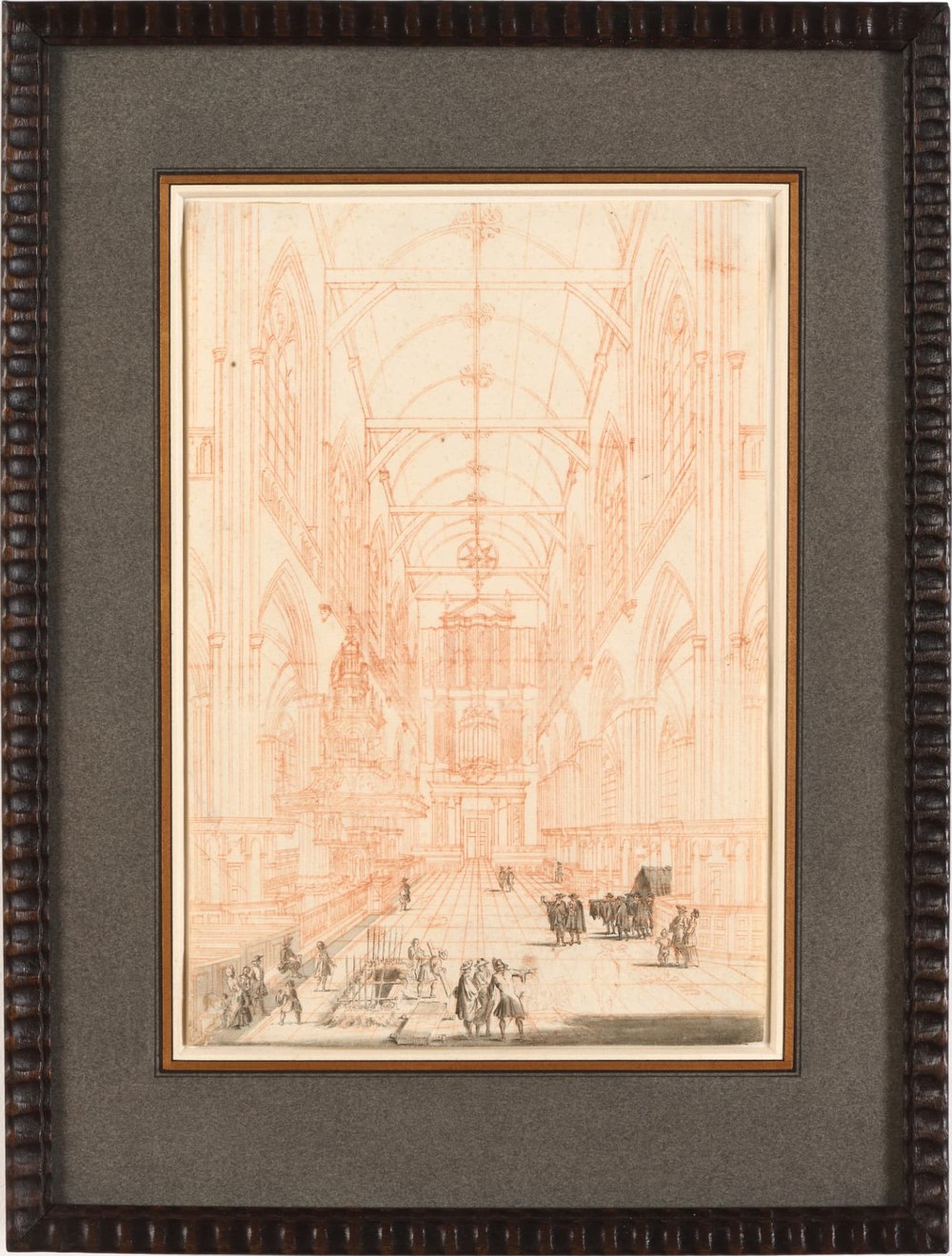 Jan Goeree, red chalk drawing of a church interior with elegant figures in the foreground