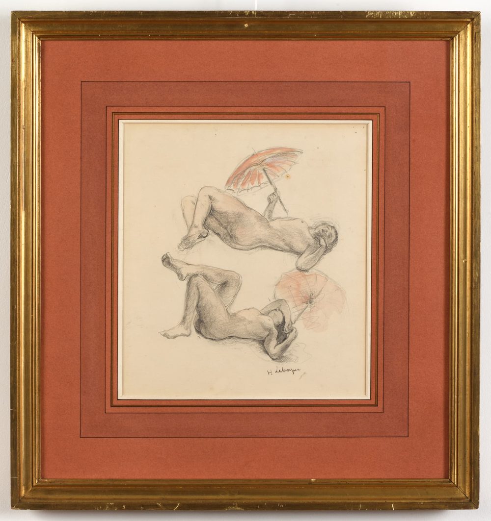 Henri Lebasque, a rare drawing of two reclining nudes with parasols