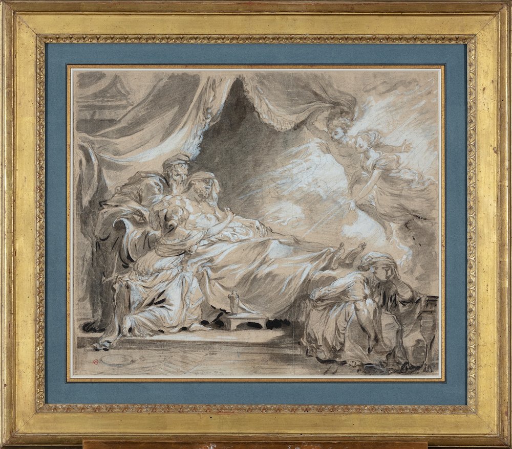 Jean-Baptiste Greuze, black chalk and wash drawing of a deathbed scene with mourning figures