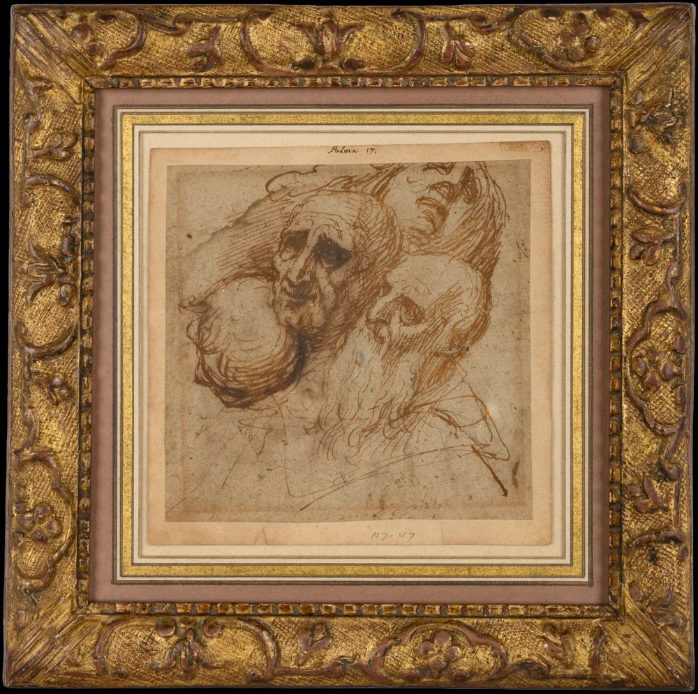 Palma the Younger, pen and brown ink studies of male heads in a gilt frame
