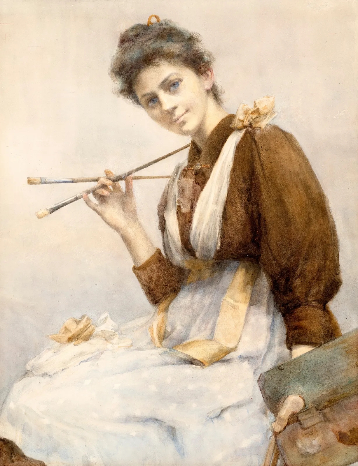 English School watercolour, Portrait of an Artist Holding Her Brushes, c. 1895